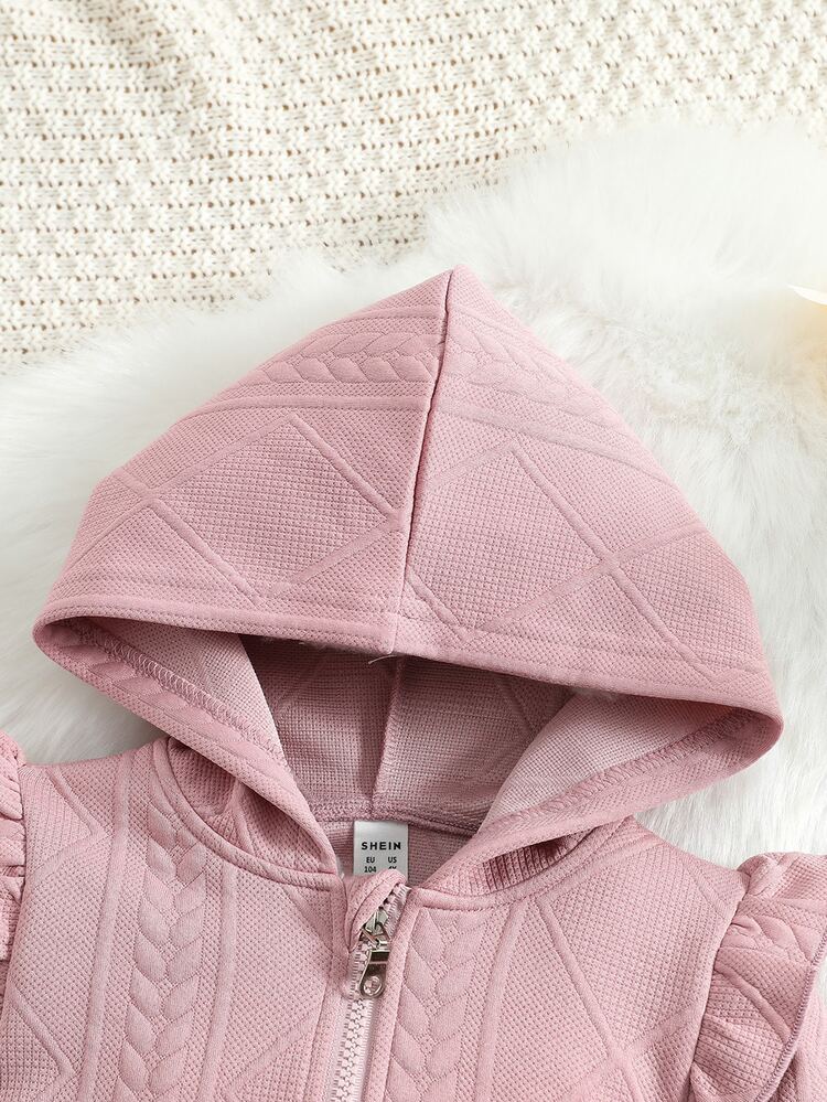 SHEIN Toddler Girls Ruffle Trim Zip Up Hooded Jacket - Dusty Pink - View 4