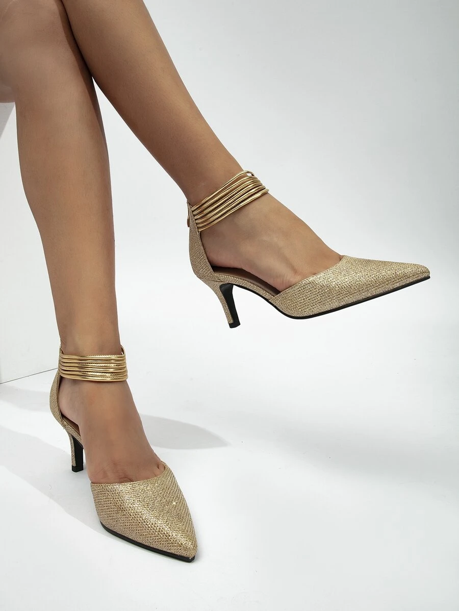 Glitter Metallic Detail Zip Back Ankle Strap Pumps - Gold - View 1