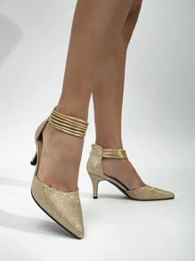 Glitter Metallic Detail Zip Back Ankle Strap Pumps - Gold - View 3
