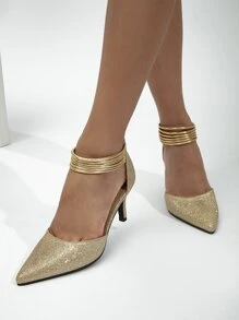 Glitter Metallic Detail Zip Back Ankle Strap Pumps - Gold - View 4