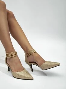 Glitter Metallic Detail Zip Back Ankle Strap Pumps - Gold - View 5