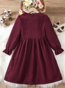 Tween Girl Floral Embroidery Ruffle Trim Flounce Sleeve Dress - Maroon - View 2