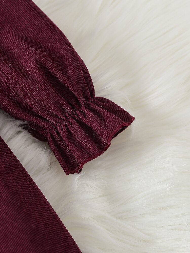 Vestido Para Niñas/jóvenes Con Manga Acampanada Con Adornos De Volantes Y Bordado Floral - Granate - Añade 3