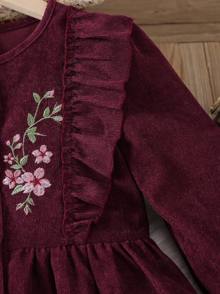 Vestido Para Niñas/jóvenes Con Manga Acampanada Con Adornos De Volantes Y Bordado Floral - Granate - Añade 4