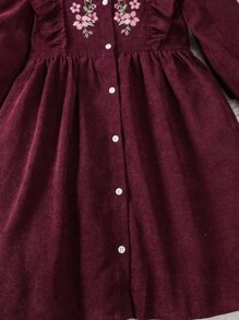 Tween Girl Floral Embroidery Ruffle Trim Flounce Sleeve Dress - Maroon - View 5