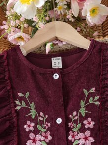 Tween Girl Floral Embroidery Ruffle Trim Flounce Sleeve Dress - Maroon - View 6
