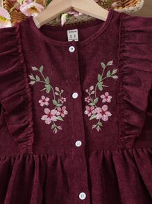 Tween Girl Floral Embroidery Ruffle Trim Flounce Sleeve Dress - Maroon - View 7