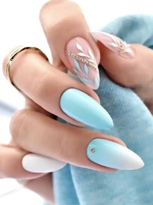 Get Glamorous With 24Pcs Long Almond Sky Blue Rhinestone Golden Edge Leaf Pattern Fake Nail & 1Sheet Tape & 1Pc Nail File Press On Nails Nail Supplies Nails - Multicolor - View 1