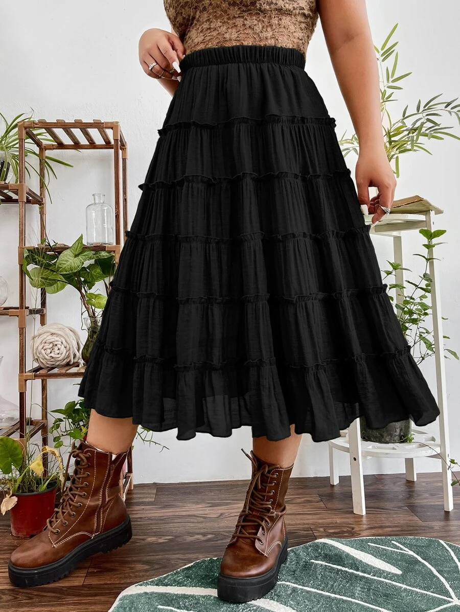 PUNK Plus Grunge Solid Tiered Layer Skirt - Black - View 1