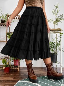PUNK Plus Grunge Solid Tiered Layer Skirt - Black - View 4