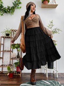 PUNK Plus Grunge Solid Tiered Layer Skirt - Black - View 5