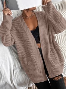 Chiquease 纯色双口袋罗纹针织开衫、长袖上衣 - 藕粉色 - 查看 1