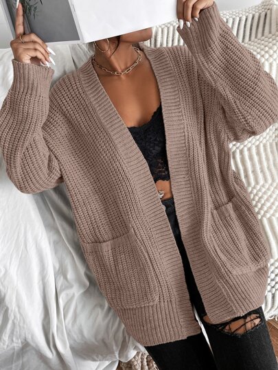 SHEIN LUNE 纯色双口袋罗纹针织开衫、长袖上衣
