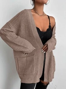 Chiquease 纯色双口袋罗纹针织开衫、长袖上衣 - 藕粉色 - 查看 3