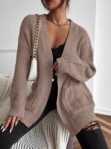 Chiquease 纯色双口袋罗纹针织开衫、长袖上衣 - 藕粉色 - 查看 5