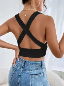 SHEIN Essnce Solid Textured Crop Tank Top - Black - View 2