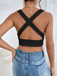 SHEIN Essnce Solid Textured Crop Tank Top - Black - View 5