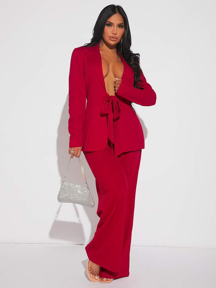 SHEIN SXY Set Blazer de cuello con solapa con cordón delantero & Pantalones de pierna ancha - Rojo - Ver 1