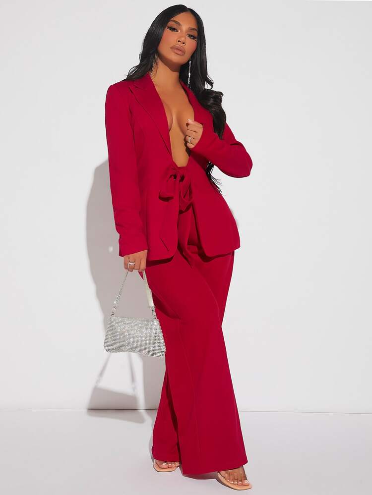 SHEIN SXY Set Blazer de cuello con solapa con cordón delantero & Pantalones de pierna ancha - Rojo - Ver 3