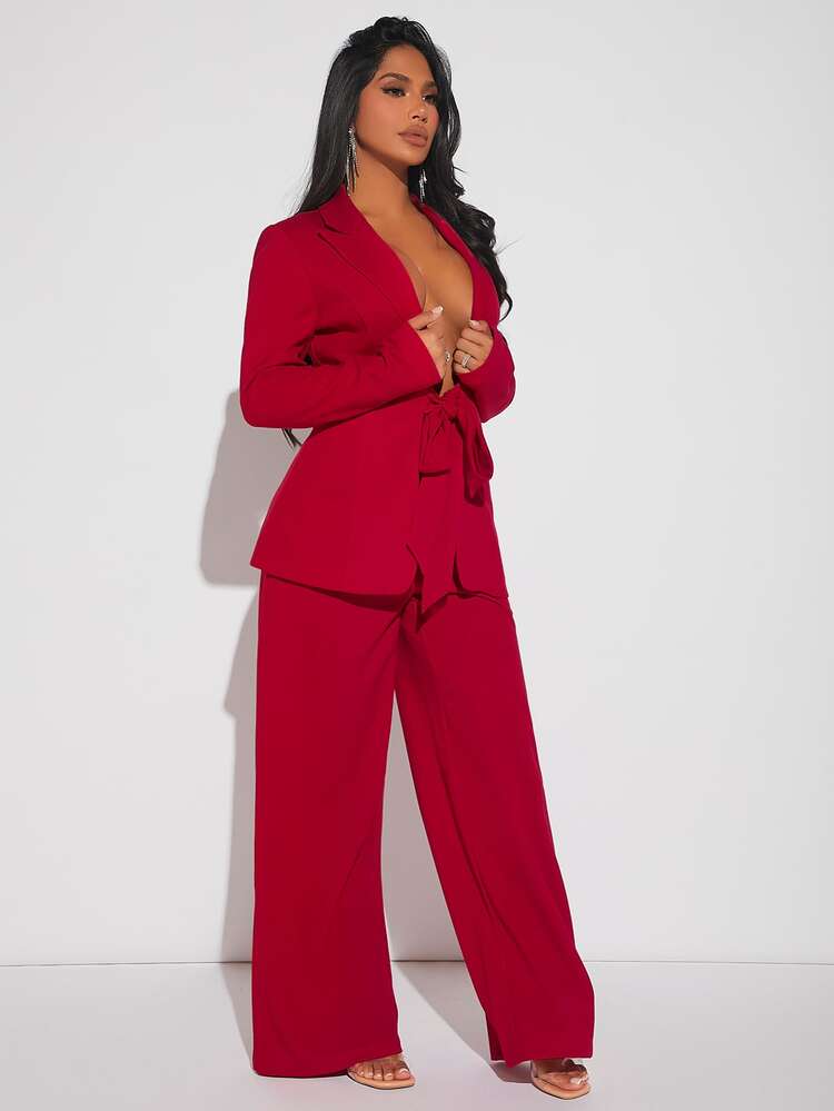 SHEIN SXY Set Blazer de cuello con solapa con cordón delantero & Pantalones de pierna ancha - Rojo - Ver 5