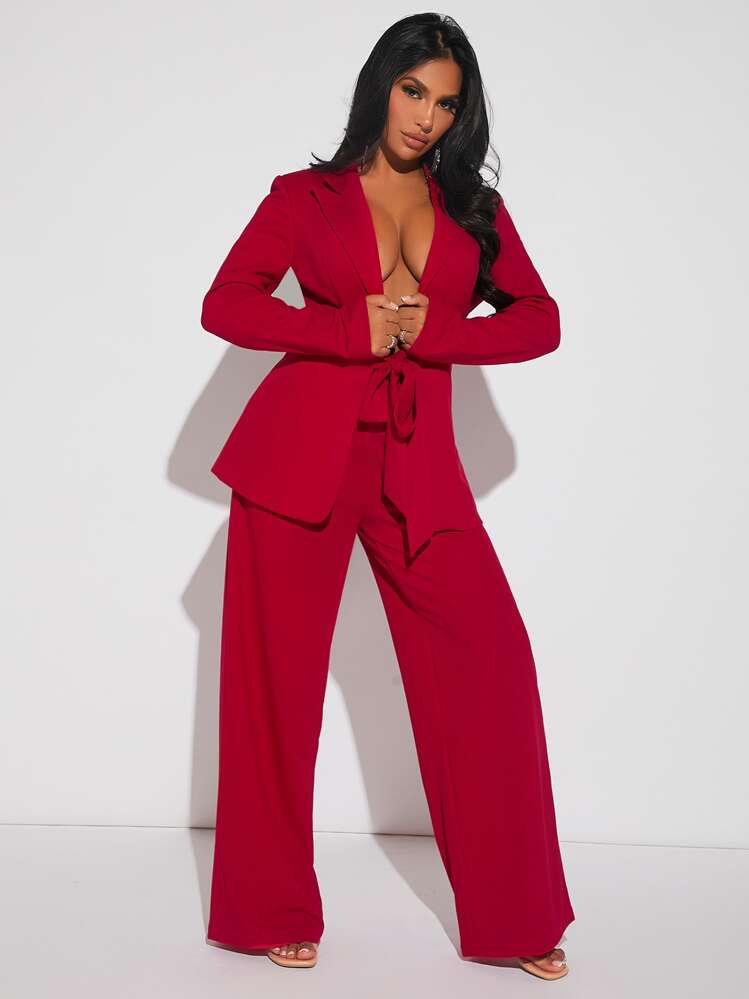 SHEIN SXY Set Blazer de cuello con solapa con cordón delantero & Pantalones de pierna ancha - Rojo - Ver 6