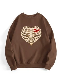 SHEIN EZwear 骷髏和愛心圖案加絨內裏運動衫 - 咖啡棕 - 查看 1