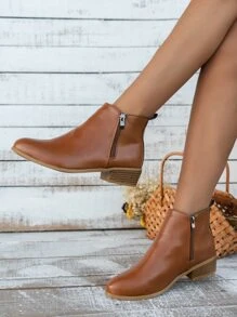 Side Zip Chunky Heeled Classic Boots - Brown - View 1