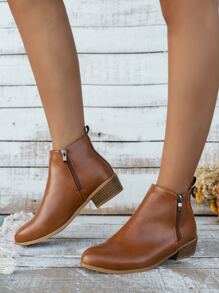 Side Zip Chunky Heeled Classic Boots - Brown - View 2