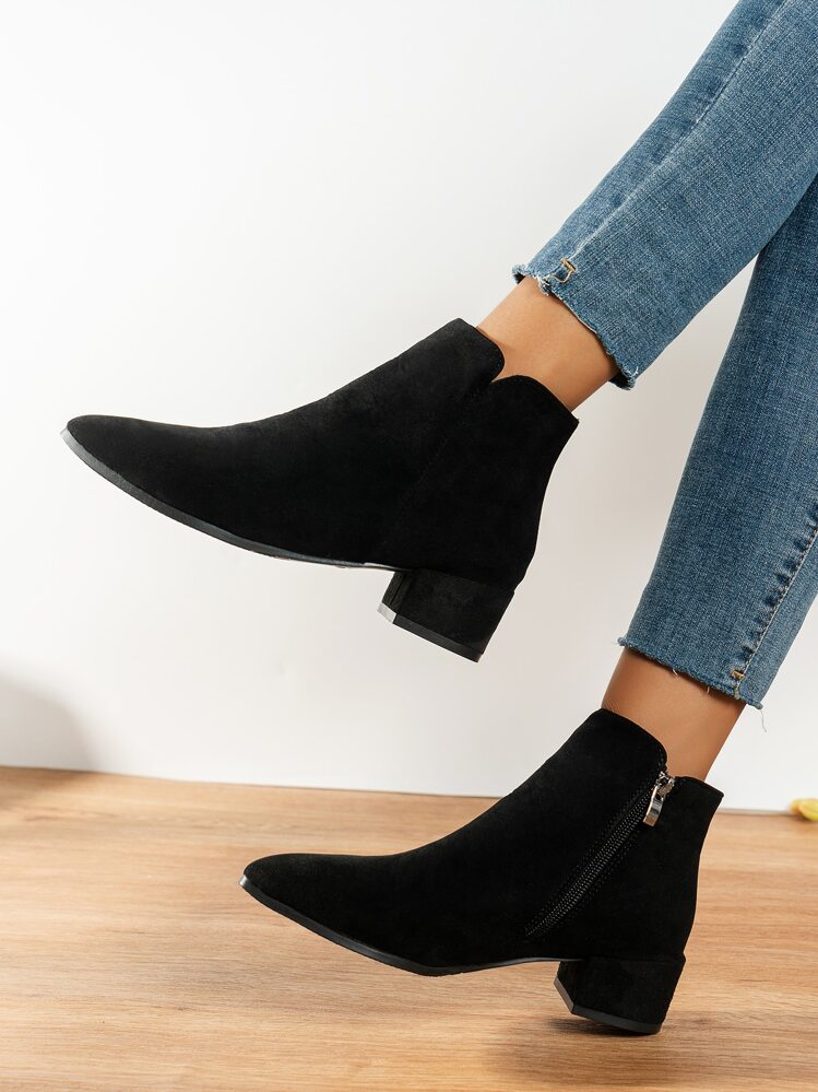 Black Elegant Solid Color American Style Short Boots With Side Zipper, Faux Suede & Block Heels - Black - View 1