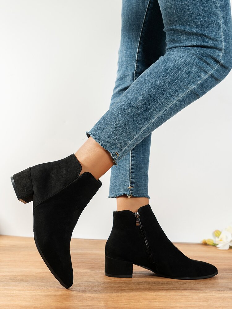 Black Elegant Solid Color American Style Short Boots With Side Zipper, Faux Suede & Block Heels - Black - View 3