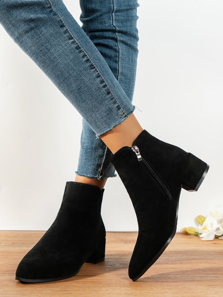 Black Elegant Solid Color American Style Short Boots With Side Zipper, Faux Suede & Block Heels - Black - View 5