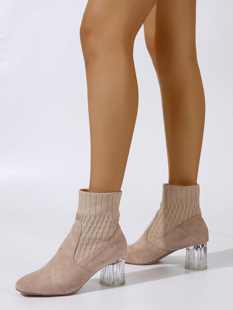 透明粗跟彈力靴 - 杏色 - 查看 1