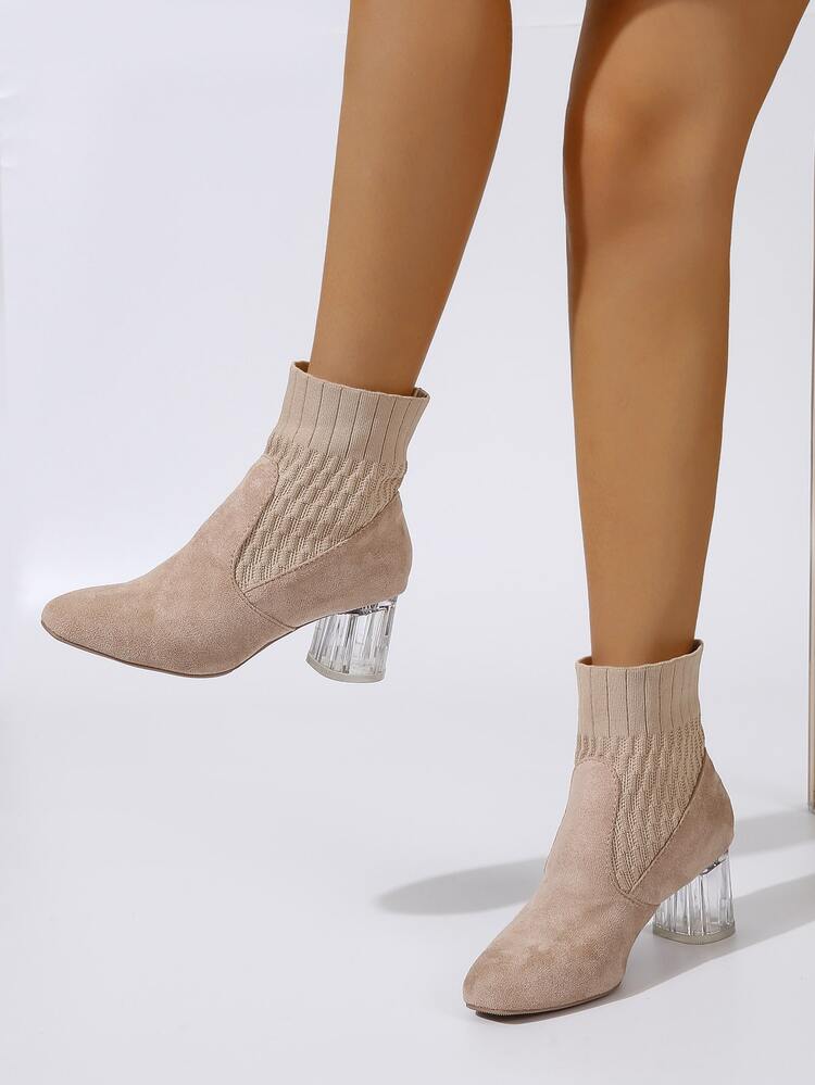 透明粗跟彈力靴 - 杏色 - 查看 2