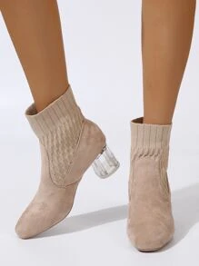 Clear Chunky Heeled Sock Boots - Apricot - View 4