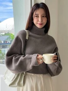 DAZY Jersey de cuello alto con mangas de murciélago, blusas de manga larga