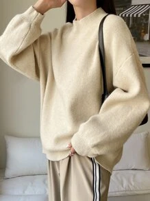 DAZY Áo len dệt kim gân vai trễ vai cỡ lớn, áo dài tay, quần áo nữ mùa thu - Màu be - Xem 4