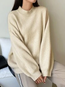 DAZY Áo len dệt kim gân vai trễ vai cỡ lớn, áo dài tay, quần áo nữ mùa thu - Màu be - Xem 5