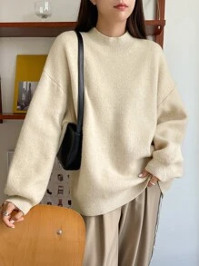 DAZY Áo len dệt kim gân vai trễ vai cỡ lớn, áo dài tay, quần áo nữ mùa thu - Màu be - Xem 6