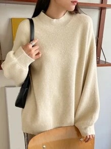 DAZY Áo len dệt kim gân vai trễ vai cỡ lớn, áo dài tay, quần áo nữ mùa thu - Màu be - Xem 7