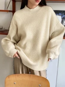 DAZY Áo len dệt kim gân vai trễ vai cỡ lớn, áo dài tay, quần áo nữ mùa thu - Màu be - Xem 8