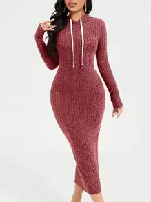 SHEIN SXY 抽繩細節羅紋針織連帽洋裝 - 紅木色 - 查看 1