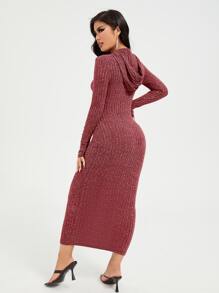 SHEIN SXY 抽繩細節羅紋針織連帽洋裝 - 紅木色 - 查看 2