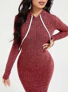 SHEIN SXY 抽繩細節羅紋針織連帽洋裝 - 紅木色 - 查看 3