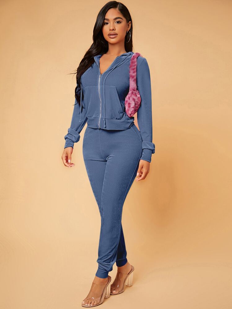 SHEIN SXY 拉鏈開襟抽繩連帽絲絨夾克和衛褲 - 霧霾藍 - 查看 1