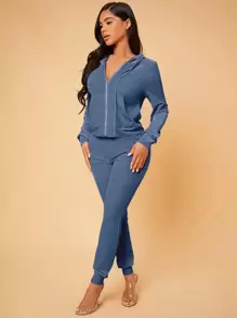 SHEIN SXY 拉鏈開襟抽繩連帽絲絨夾克和衛褲 - 霧霾藍 - 查看 5