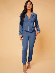 SHEIN SXY 拉鏈開襟抽繩連帽絲絨夾克和衛褲 - 霧霾藍 - 查看 6