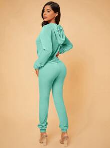 SHEIN SXY Zip Up Drawstring Hooded Velvet Jacket & Sweatpants - Mint Green - View 2