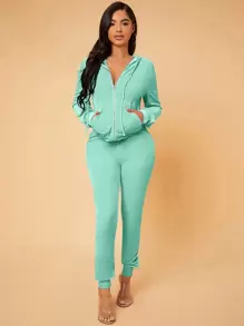SHEIN SXY Zip Up Drawstring Hooded Velvet Jacket & Sweatpants - Mint Green - View 3