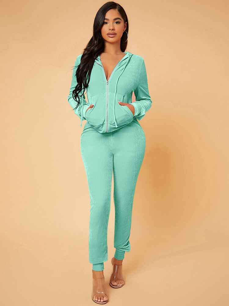 SHEIN SXY Zip Up Drawstring Hooded Velvet Jacket & Sweatpants - Mint Green - View 3