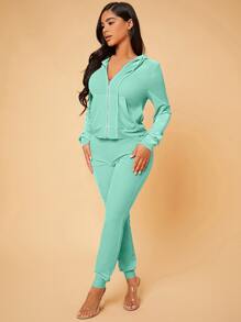 SHEIN SXY Zip Up Drawstring Hooded Velvet Jacket & Sweatpants - Mint Green - View 5